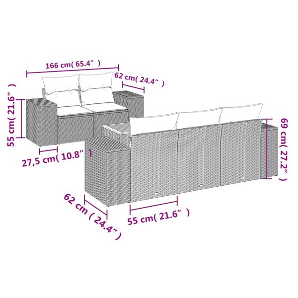 vidaXL Vrtna sedežna garnitura 6-delna z blazinami siv poli ratan