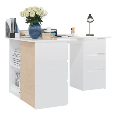 vidaXL Kotna pisalna miza visok sijaj bela 145x100x76 cm iverna plošča