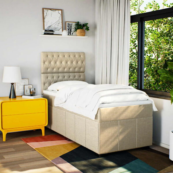 vidaXL Box spring postelja z vzmetnico krem 90x190 cm blago