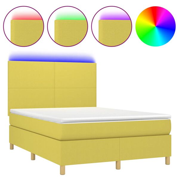 vidaXL Box spring postelja z vzmetnico LED zelena 140x200 cm blago