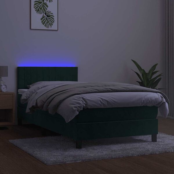 vidaXL Box spring postelja z vzmetnico LED tem. zelena 100x200cm žamet