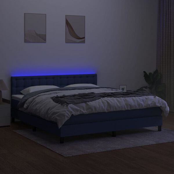 vidaXL Box spring postelja z vzmetnico LED modra 160x200 cm blago