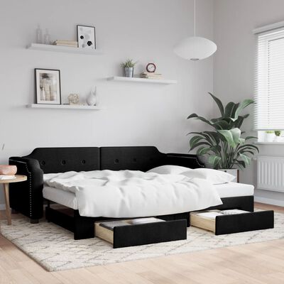 vidaXL Izvlečna dnevna postelja s predali črna 90x200 cm blago