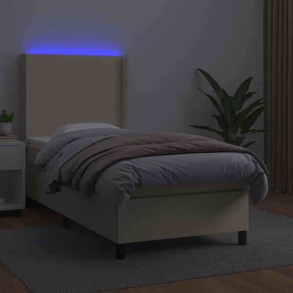 vidaXL Box spring postelja z vzmetnico LED krem 90x190 cm umetno usnje