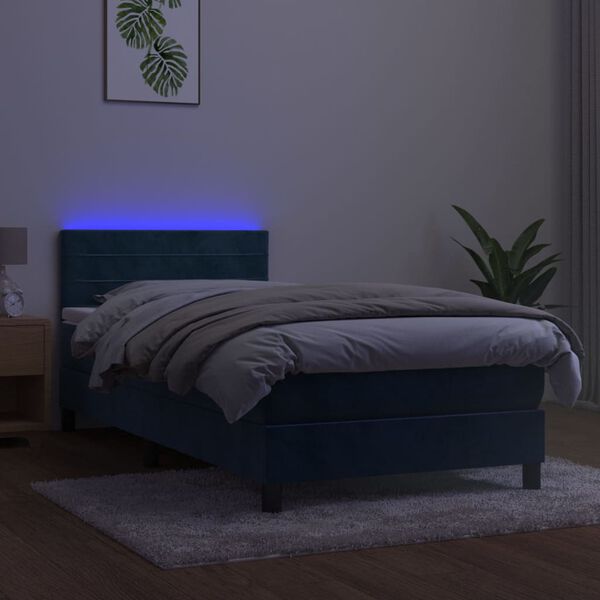 vidaXL Box spring postelja z vzmetnico LED temno modra 90x200 cm žamet