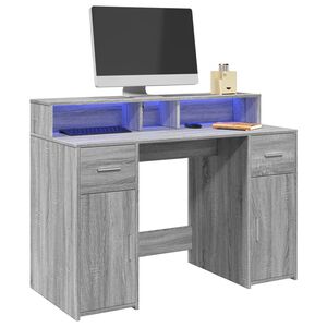 vidaXL Pisalna miza z LED lučkami siva sonoma 120x55x91 cm inž. les