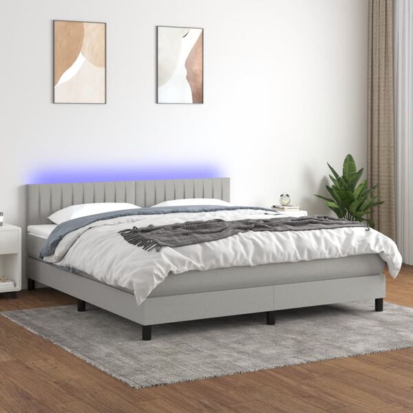 vidaXL Box spring postelja z vzmetnico LED sv. siva 160x200 cm blago