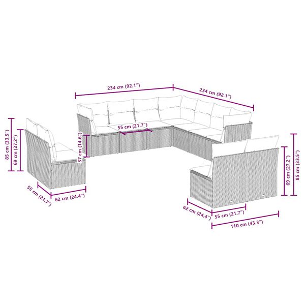 vidaXL Vrtna sedežna garnitura 11-delna z blazinami sv. siv poli ratan