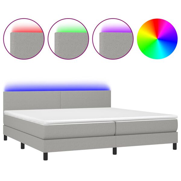 vidaXL Box spring postelja z vzmetnico LED sv. siva 200x200 cm blago