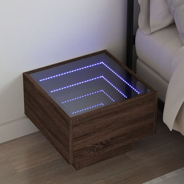 vidaXL Nočna mizica z neskončnimi LED rjavi hrast 40x40x30 cm