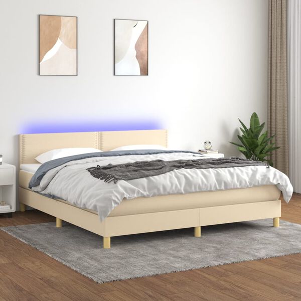 vidaXL Box spring postelja z vzmetnico LED krem 180x200 cm blago
