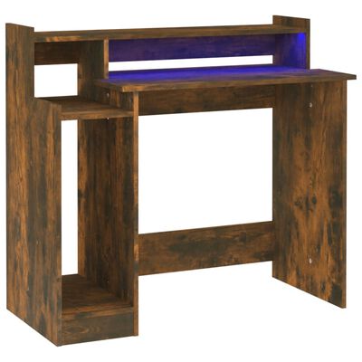 vidaXL Pisalna miza z LED lučmi dimljeni hrast 97x45x90 cm inž. les