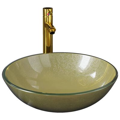 vidaXL Kopalniški umivalnik s pipo in potisnim odtokom zlato steklo