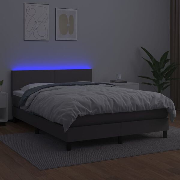 vidaXL Box spring postelja z vzmetnico LED siva 140x200cm umetno usnje