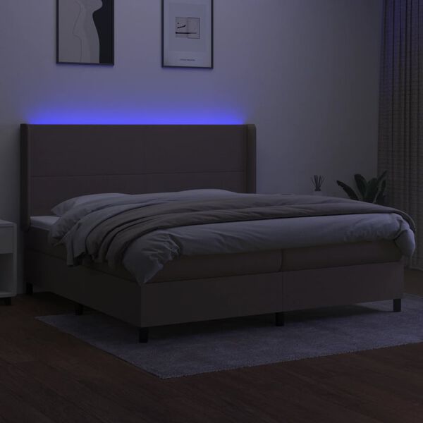vidaXL Box spring postelja z vzmetnico LED taupe 200x200 cm blago