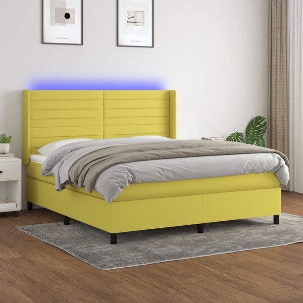 vidaXL Box spring postelja z vzmetnico LED zelena 180x200 cm blago