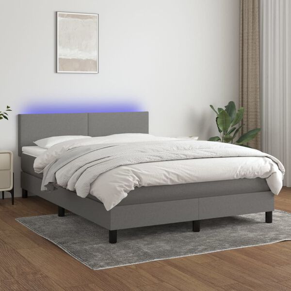 vidaXL Box spring postelja z vzmetnico LED temno siva 140x190 cm blago