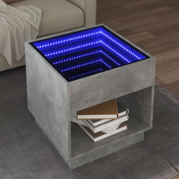 vidaXL Klubska mizica z neskončnimi LED betonsko siva 50x50x50 cm
