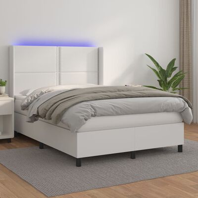 vidaXL Box spring postelja z vzmetnico LED bela 140x190cm umetno usnje