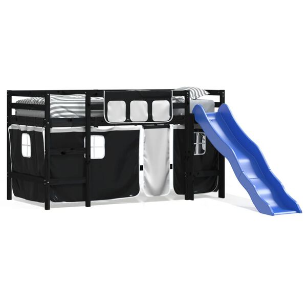 vidaXL Otroški pograd z zavesami bel in črn 80x200 cm trdna borovina