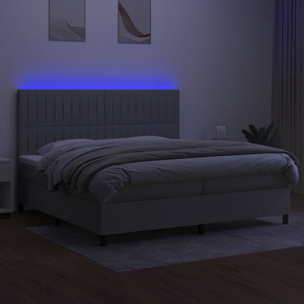 vidaXL Box spring postelja z vzmetnico LED sv. siva 200x200 cm blago