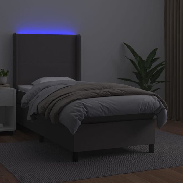 vidaXL Box spring postelja z vzmetnico LED siva 80x200 cm umetno usnje