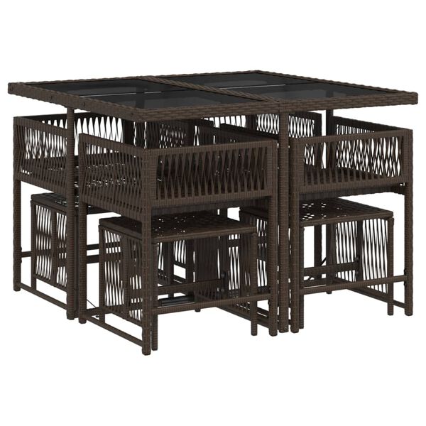 vidaXL Vrtna jedilna garnitura 9-delna z blazinami rjav poli ratan