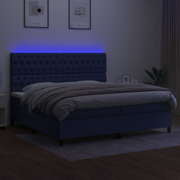 vidaXL Box spring postelja z vzmetnico LED modra 200x200 cm blago