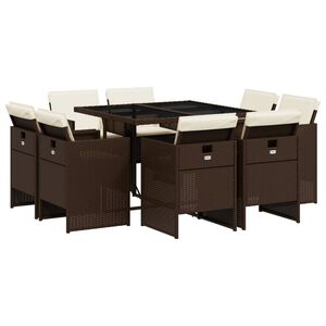 vidaXL Vrtna jedilna garnitura 9-delna z blazinami rjav poli ratan