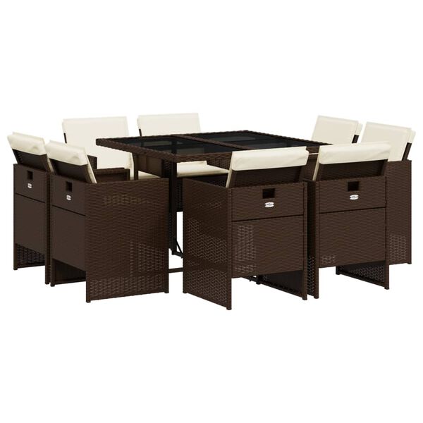 vidaXL Vrtna jedilna garnitura 9-delna z blazinami rjav poli ratan