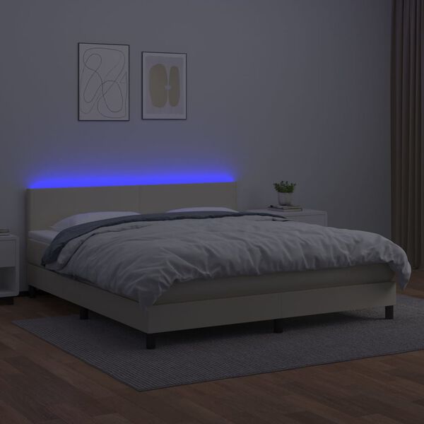 vidaXL Box spring postelja z vzmetnico LED krem 180x200cm umetno usnje