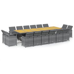 vidaXL Vrtna jedilna garnitura 17-delna z blazinami poli ratan siva