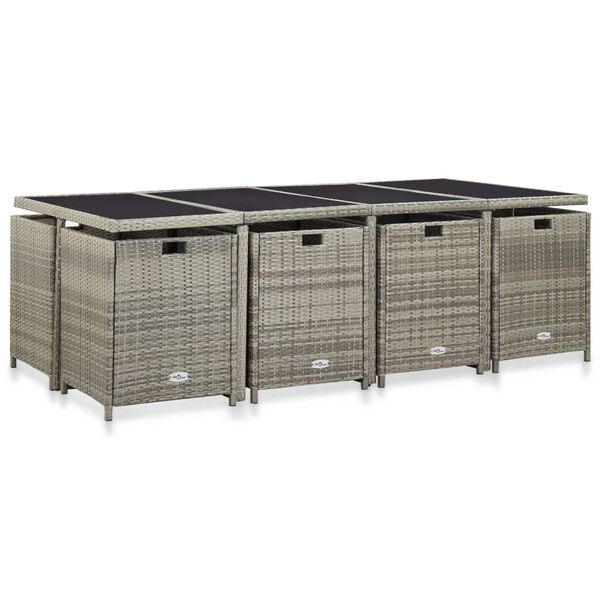 vidaXL Zunanja jedilna garnitura z blazinami 13-delna poli ratan siva