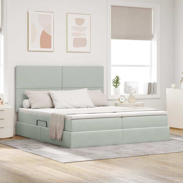 vidaXL Postelja z LED lučmi z vzglavjem Svetlo siva 180 x 200 cm Žamet