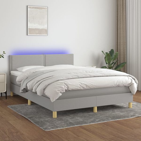 vidaXL Box spring postelja z vzmetnico LED svetlo siva 140x190cm blago