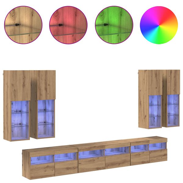 vidaXL Set omare za televizijo na steni z LED lučmi 7 pcs Umetni hrast
