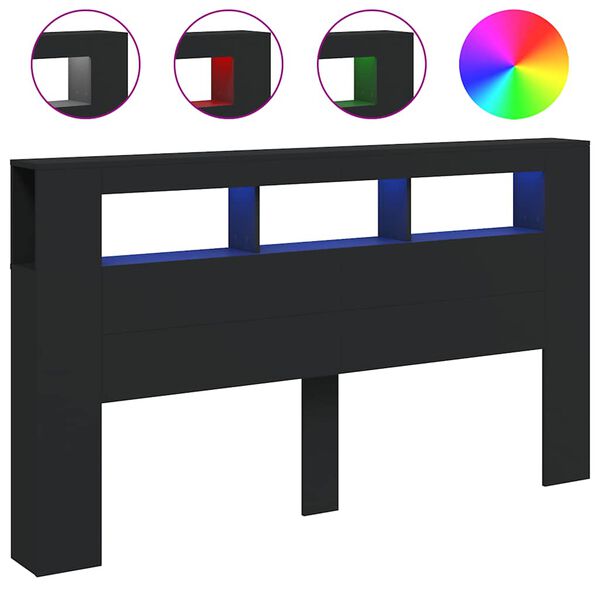 vidaXL LED posteljno vzglavje črno 180x18,5x103,5 cm inženirski les