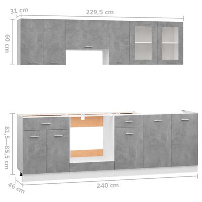 vidaXL Komplet kuhinjskih omaric 8-delni betonsko siv iverna plošča