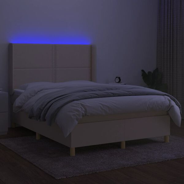 vidaXL Box spring postelja z vzmetnico LED krem 140x200 cm blago