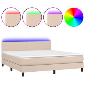vidaXL Box spring postelja vzmetnico LED kapučino 180x200 cm um. usnje