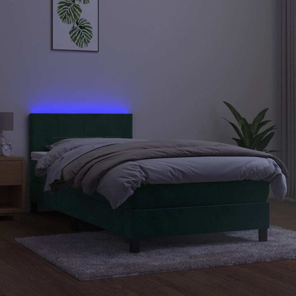 vidaXL Box spring postelja z vzmetnico LED tem. zelena 100x200cm žamet