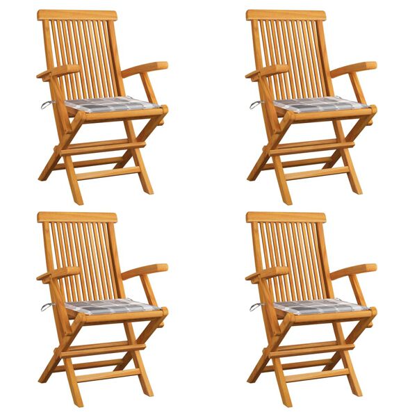 vidaXL Vrtni stoli s sivimi karo blazinami 4 kosi trdna tikovina