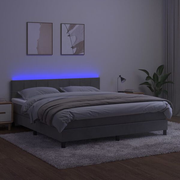 vidaXL Box spring postelja z vzmetnico LED svetlo siva 160x200cm žamet