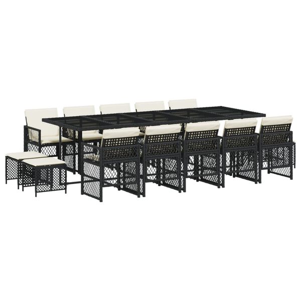 vidaXL Vrtna jedilna garnitura 15-delna z blazinami črn poli ratan