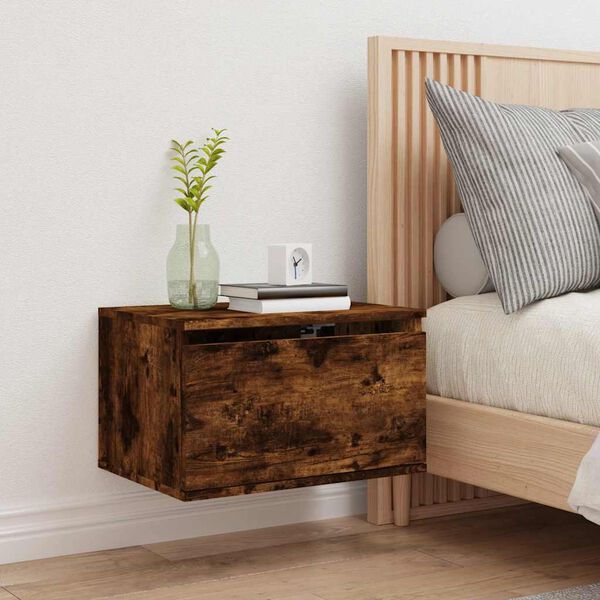 vidaXL Nočna stenska omarica z LED lučkami dimljen hrast