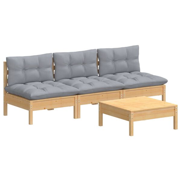 vidaXL Vrtna sedežna garnitura 4-delna s sivimi blazinami borovina
