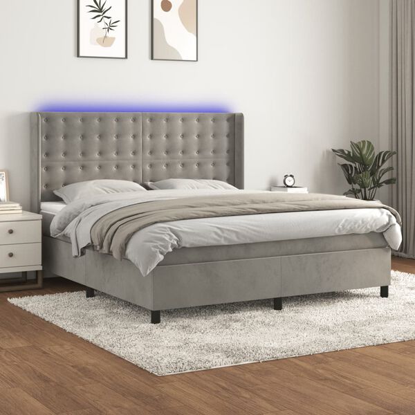 vidaXL Box spring postelja z vzmetnico LED svetlo siva 160x200cm žamet