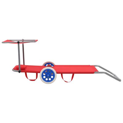 vidaXL Zložljiv ležalnik s streho in kolesi jeklo rdeč