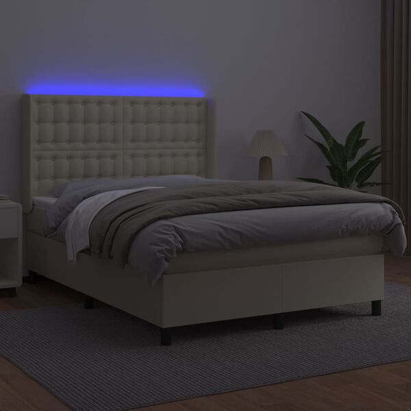 vidaXL Box spring postelja z vzmetnico LED krem 140x200cm umetno usnje