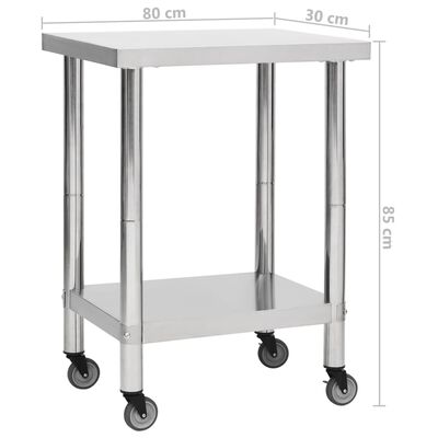 vidaXL Kuhinjska delovna miza s kolesi 80x30x85 cm nerjaveče jeklo
